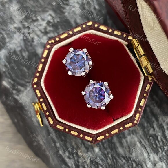NEW Certified 2ct. Imperial Purple Moissanite 6 Prone Solitaire Stud Earrings - Picture 7 of 7